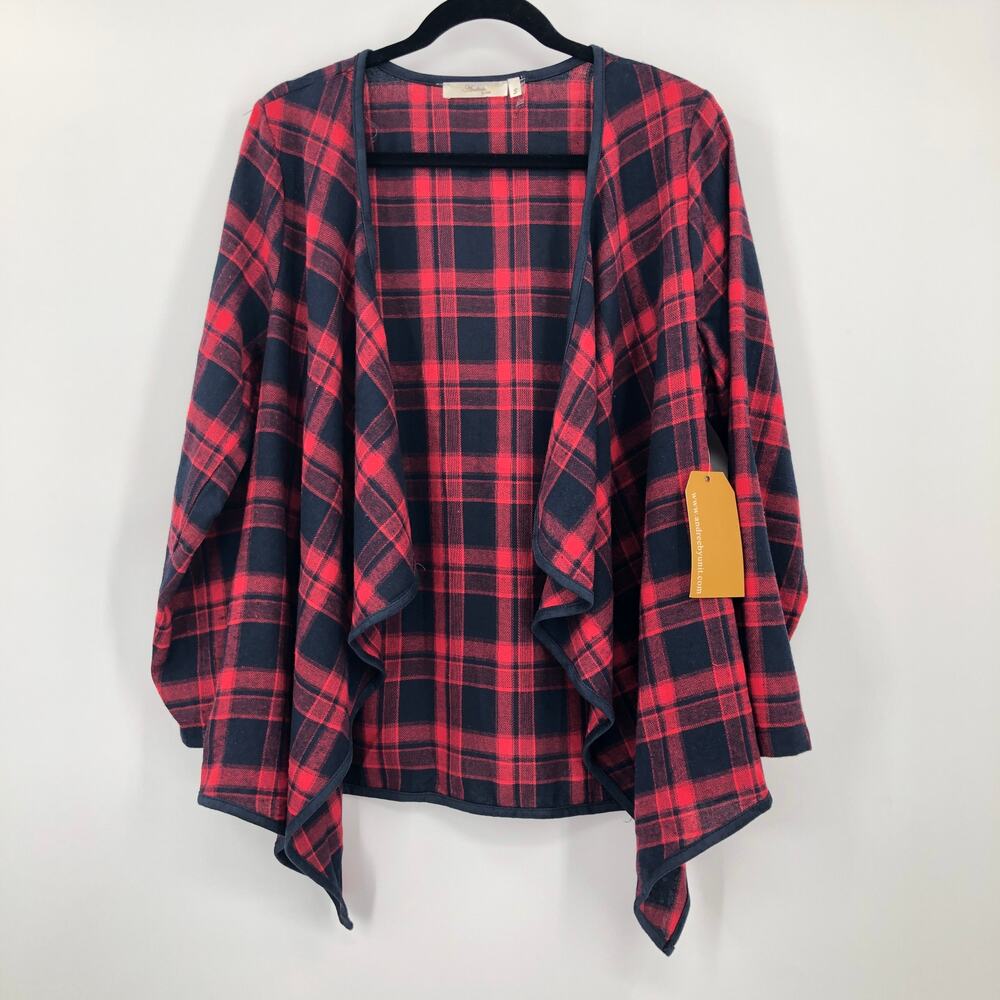 Andree By UNIT Red Blue Plaid Waterfall Open Front Lightweight Cardigan Sweater